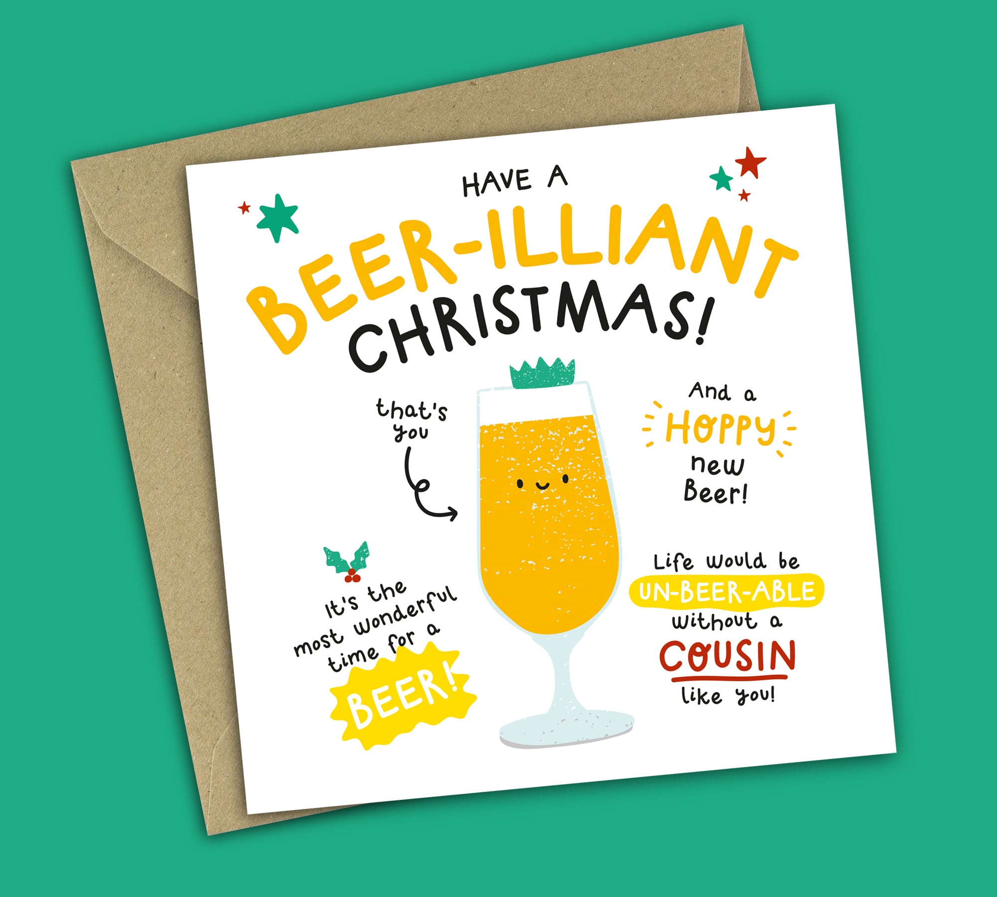 Funny Alcohol Christmas Card • Brilliant Christmas • Beer Puns • For Cousin