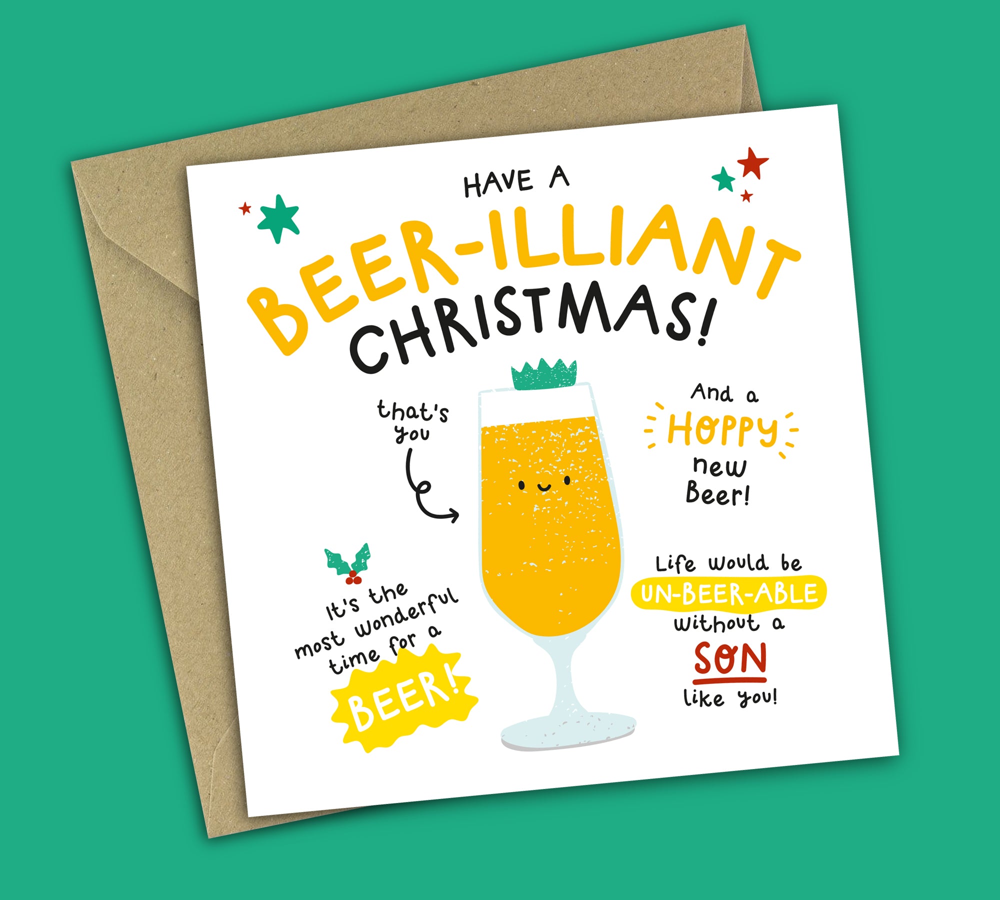 Funny Alcohol Christmas Card • Brilliant Christmas • Beer Puns • For Son