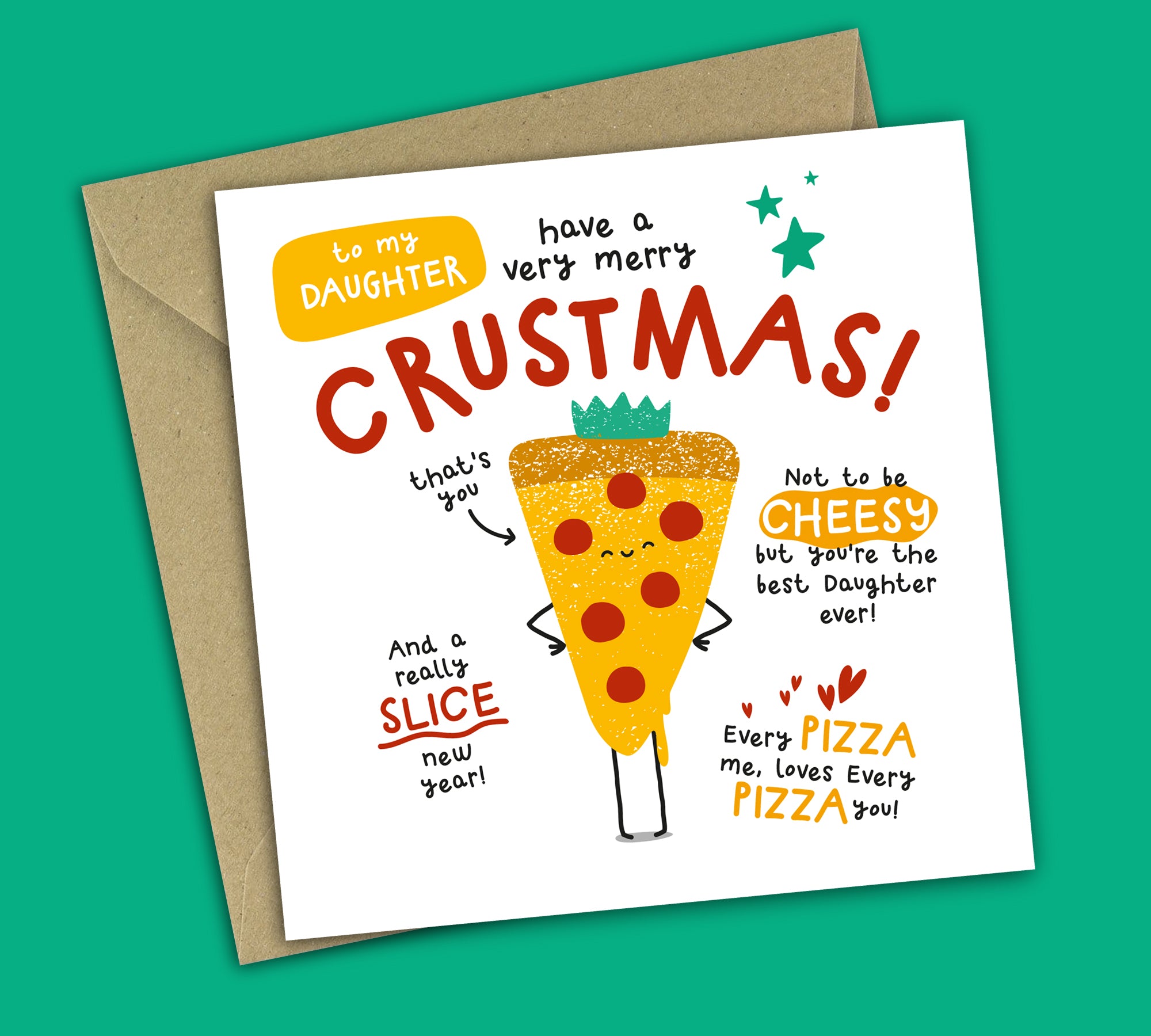 Funny Christmas Card • Merry Crustmas • Pizza Pun • For Daughter