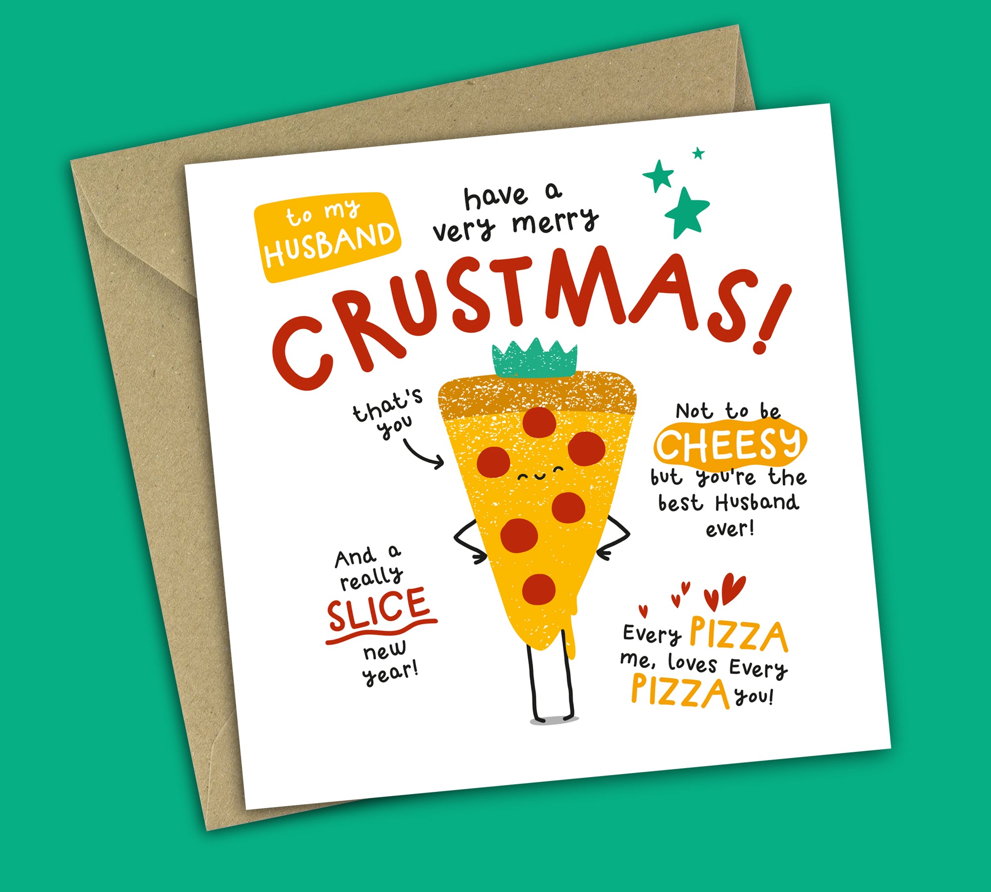 Funny Christmas Card • Merry Crustmas • Pizza Pun • For Husband