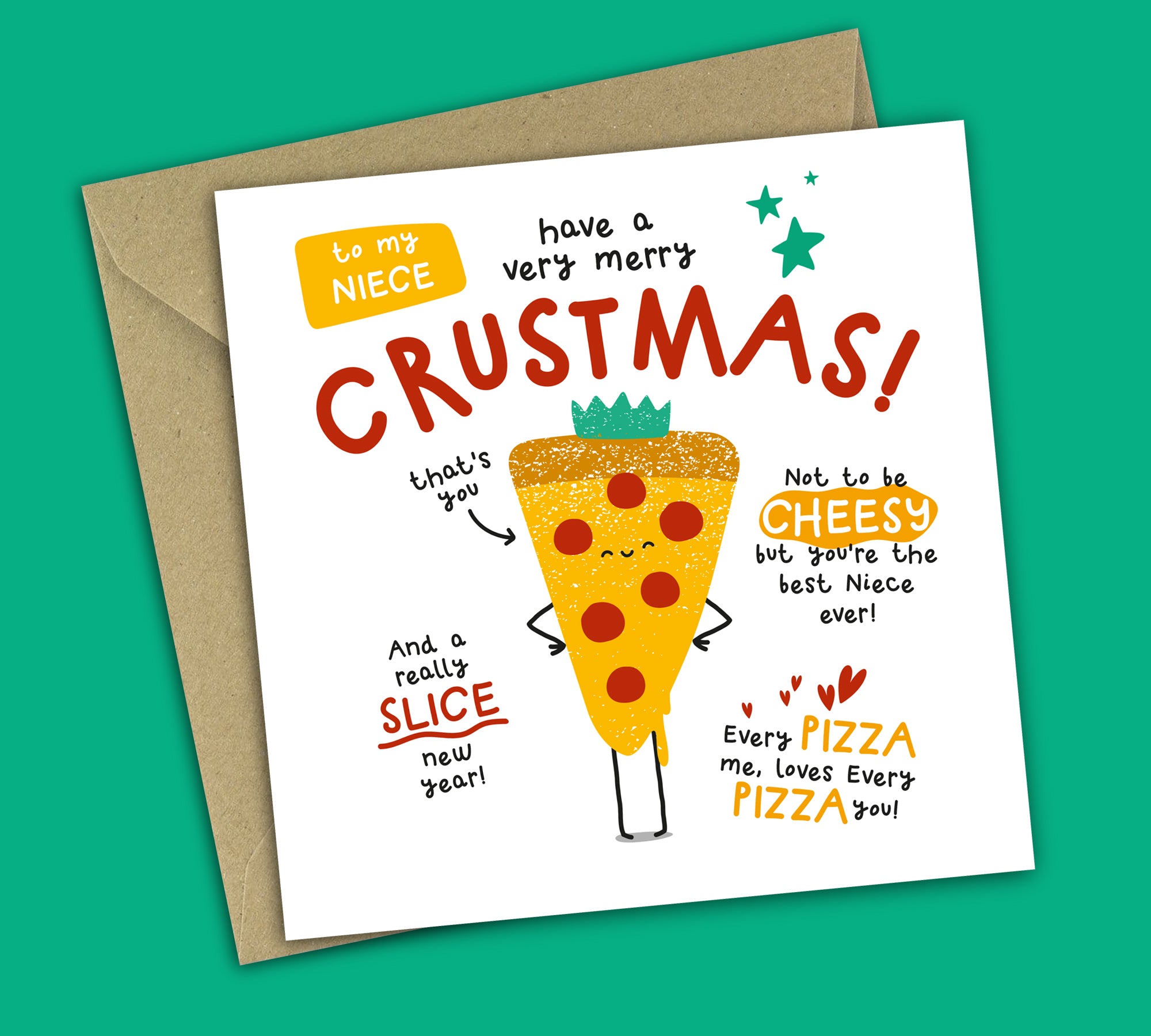 Funny Christmas Card • Merry Crustmas • Pizza Pun • For Niece