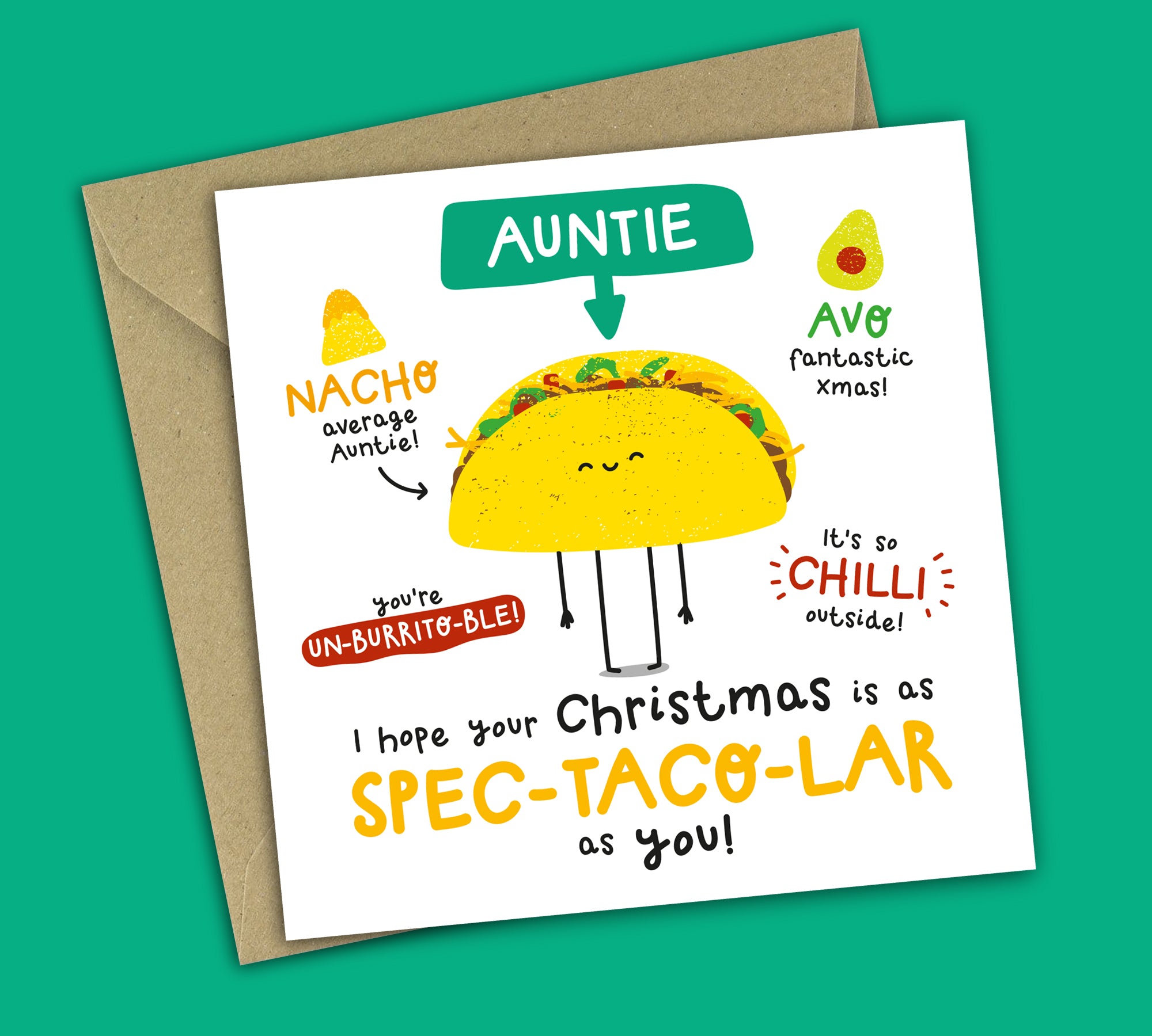 Funny Christmas Card • Spectacular Christmas • Mexican Food Pun • For Auntie
