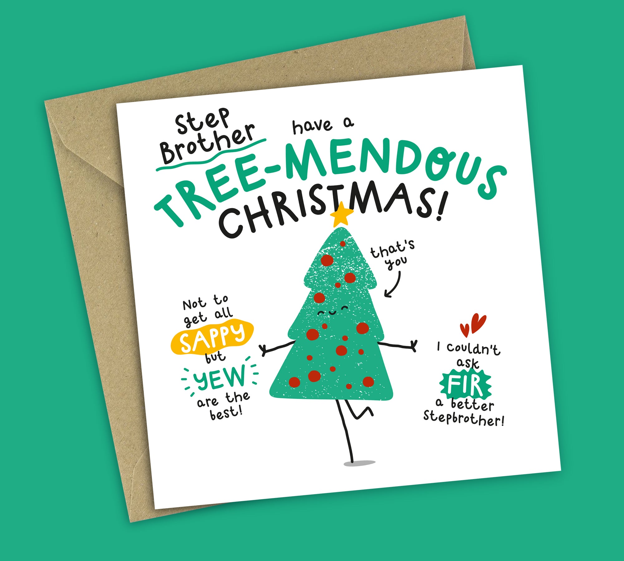Funny Christmas Card • Tree Pun • For Stepbrother