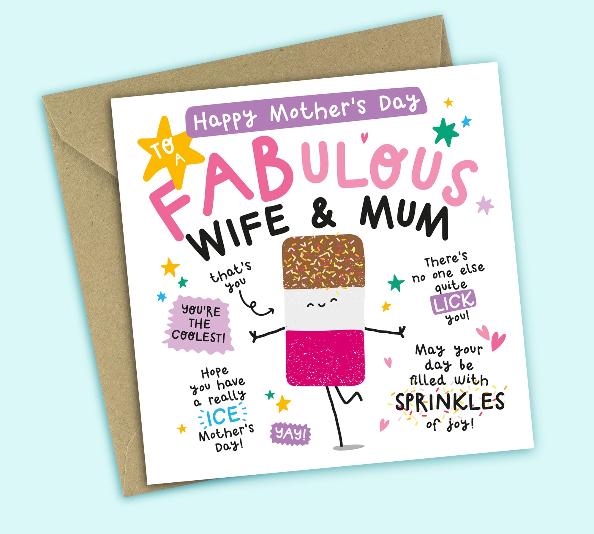Funny Mother's Day Card • To A Fabulous Wife And Mum • Ice Lolly Pun • For Wife And Mum